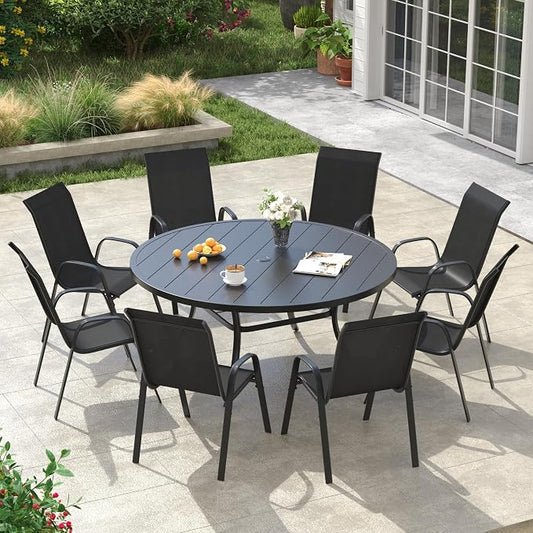VICLLAX Round Patio Dining Set for 8, Metal Slatted Patio Table with Umbrella Hole and Stackable Patio Chairs for Deck Lawn Garden, Black Fabric and Black Tabletop
