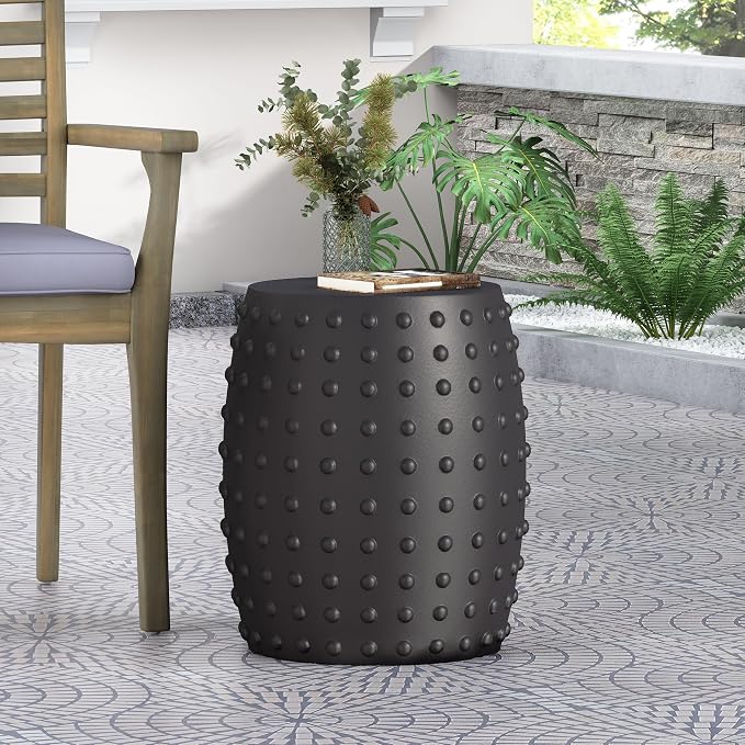 Outdoor Side Table 15.5" Drum Shape Lightweight Concrete-Look Outdoor Indoor Accent Table Decorative Garden Stools, for Patio Porch Living Room, Black