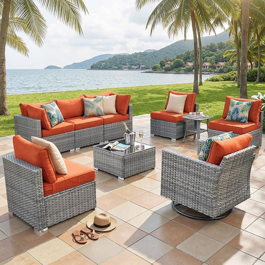 ovios Outdoor 9 Piece Coversation Set with Swivel Rocking Chair,Sectional Patio Furniture Set with All-Weather Wicker Sofa,Modern Outside Couch for Balcony Backyard Pool, Orange