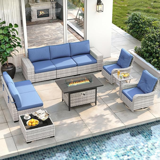 10 Piece Outdoor Wicker Sectional Sofa Set with Swivel Chairs & Fire Pit Table, 7-Seats with 4" Thickened Cushions & Coffee Table, All-Weather PE Rattan for Garden, Backyard, Porch, Blue
