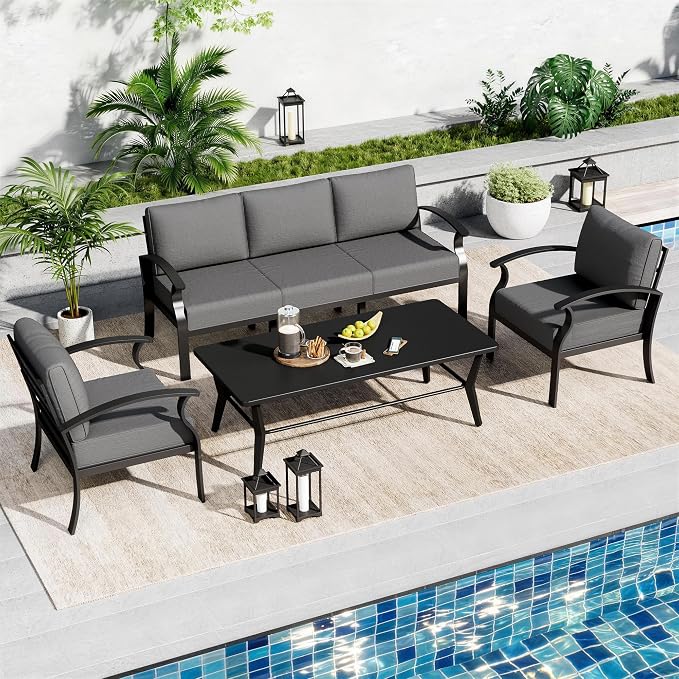Aluminum Outdoor Patio Conversation Furniture Set,5 Seats Metal Modern Outdoor Furniture with Coffee Table & Washable 5.1" Thick Cushions,Patio Sectional for Backyard,Patio,Grey