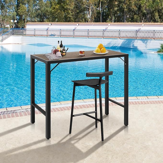 Outdoor Bar Table, 47” Patio Bar Height Table, Bar Counter Pub Dining Table with Waterproof Top for Balcony, Garden, Yard, Poolside (Brown)