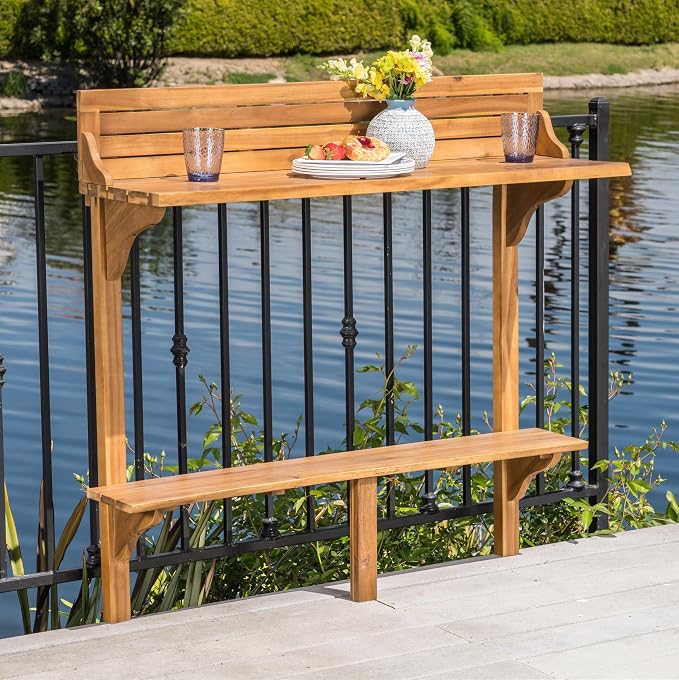 Merax Wall Mounted Balcony Table, Folding Outdoor Bar Table with Acacia Wood Top, Space Saving Railing Table for Patio, Small Balcony, Natural