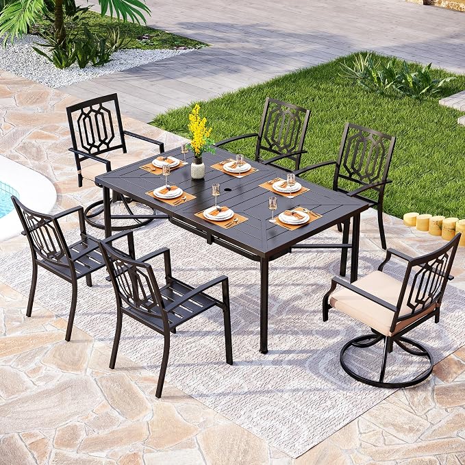 PHI VILLA 7 Pcs Outdoor Dining Set for 6,Metal Table& Fixed Swivel Chairs | 60” Black Rectangular Metal Table with Umbrella Hole,Heavy-Duty Furniture for Patio, Deck, Backyard, Porch