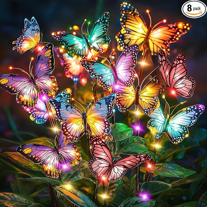 Solar Lights Outdoor Garden Decor: 8 Pack 136 Silk Butterflies with 176 Color-Changing LEDs - Auto On/Off 12H Magical Lighting IP65 Waterproof for Yard Patio Pathway - Unique Gifts for Mom Grandma