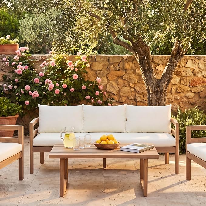 Christopher Knight Home Silas Acacia Wood Patio Furniture Set and Slatted Coffee Table, 2 Piece Outdoor Acacia Wood Conversation Set, Modern 3-Seater Sofa Set with Removable Cushion, Light Teak+Beige