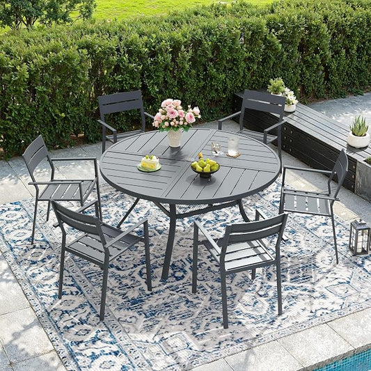 DIFY 7 Piece Outdoor Patio Dining Set for 6, 47.2" Round Dining Table with Umbrella Hole and Stackable Metal Chairs, Patio Table and Chairs Set for Backyard Garden Poolside, Grey