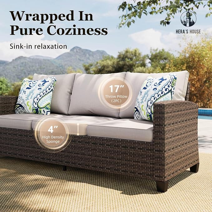 HERA'S HOUSE Swivel Glider Patio Furniture Set with Fire Pit Table, 9 Pieces Outdoor Seating Furniture Wicker Conversation Sets for Deck Backyard Lawn, Beige