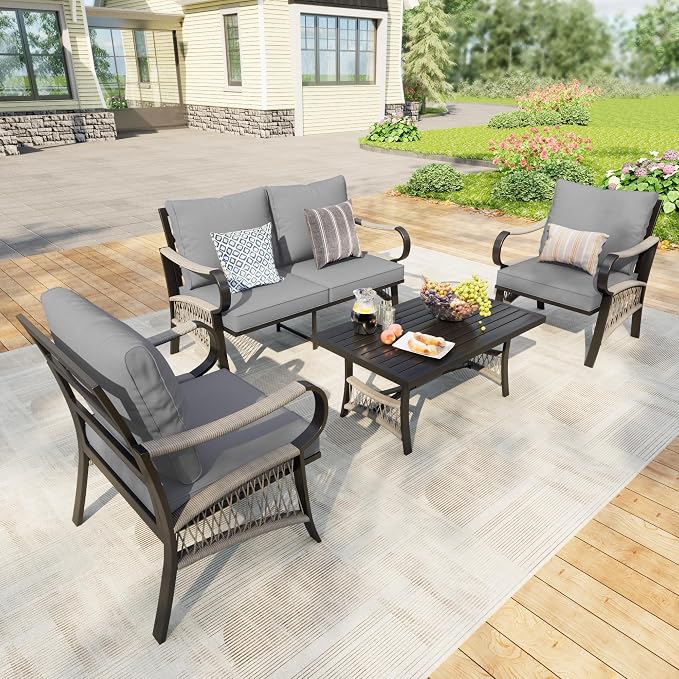4 Pieces Outdoor Patio Furniture Set, All Weather Metal Loveseat Sofa Chairs with Coffee Table, Conversation Sets for Backyard Garden Deck Poolside Porch, Gray