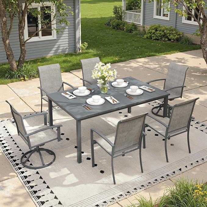 7 Pieces Outdoor Dining Set, 63" Rectangular Patio Table and Chairs Set with 2 Swivel Chairs & 4 Stationary Chairs for Deck Lawn Backyard, Grey & Dark Grey