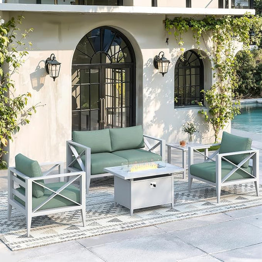 Aluminum Outdoor Patio Furniture Set with 43" Fire Pit Table, 6-Piece Outdoor Sectional with 5.2" Thick Cushions, Patio Conversation Sets for Backyard,(White,4 Seats)