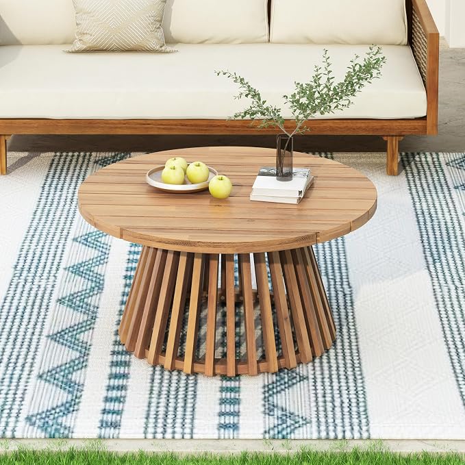 Wood Outdoor Round Coffee Table, Weather-Resistant Patio Table with Striped Base, for Garden, Deck, and Backyard, Light Brown