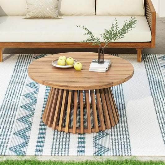 Wood Outdoor Round Coffee Table, Weather-Resistant Patio Table with Striped Base, for Garden, Deck, and Backyard, Light Brown
