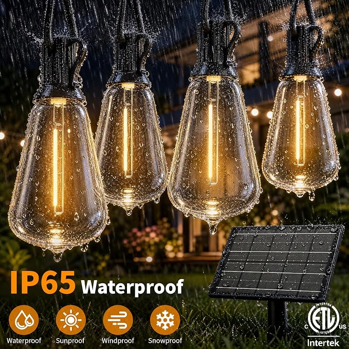 Hotsonic Solar Outdoor String Lights Waterproof, 100FT Remote Control LED Outside Lights with Shatterproof Bulbs, Dimmable Hanging Lights for Patio Porch Garden pergola Yard House Bistro Party Decors