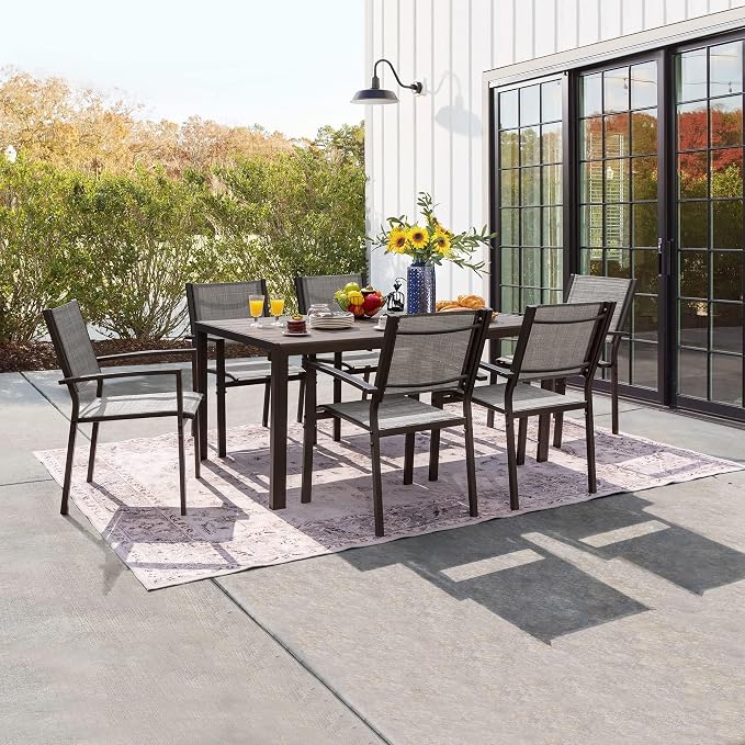 Flamaker Patio Dining Set 7 Piece Metal Frame Outdoor Furniture with 6 Textilene Chairs and Rectangular Table Family Kitchen Conversation Set for Backyard, Lawn (Grey)