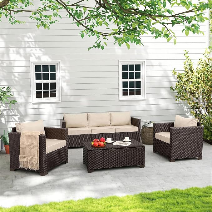 Rattan Star Patio Furniture Set 4 Pcs Outdoor Furniture Sets Patio Couch Outdoor Chairs Coffee Table with Storage Khaki No-Slip Cushions and Waterproof Covers