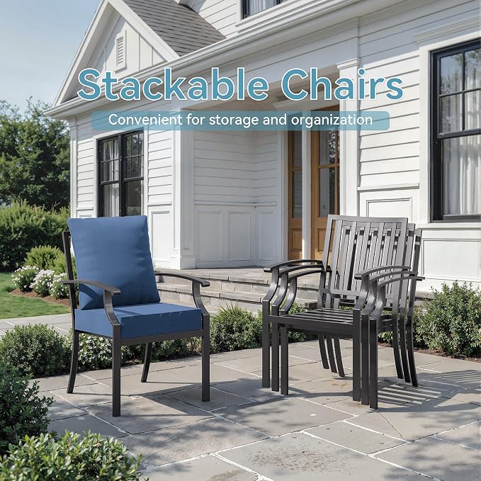 ALAULM 7-Piece Patio Dining Set,Outdoor Metal Dining Set with 2 Swivel Chairs & Rectangle Table with 1.5 Umbrella Hole, Patio Dining Table and Chairs for Backyard,Navy