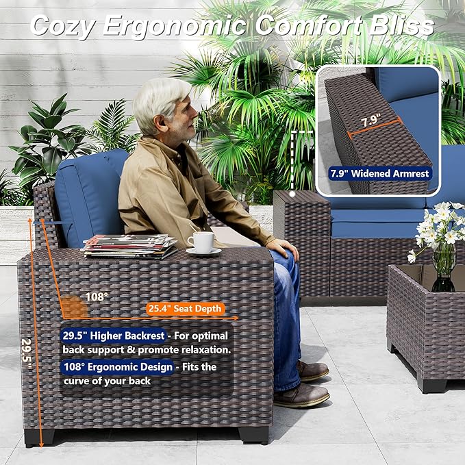 Outdoor Patio Furniture Set, 12 Pieces Outdoor Sectional Furniture High Backrest Patio Set, All-Weather PE Rattan Patio Conversation Set w/Coffee Tables & Cushions-(Dark Blue)