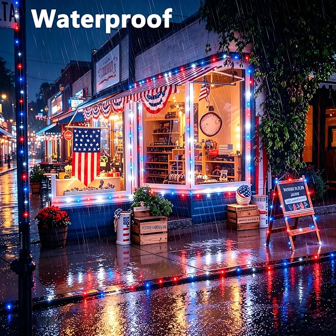 Joomer Red White Blue Solar Fairy Lights, 2 Pack 39FT 120LED String Light | 4th of July Memorial Day Decor, 8 Lighting Modes with Memory, Waterproof Outdoor Patriotic Lights for Independence Day Decor