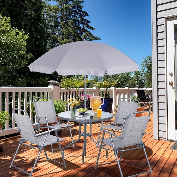 Vongrasig 6 Pieces Folding Patio Dining Set, All Weather Small Metal Outdoor Table and Chair Set, Garden Patio Furniture Set w/Umbrella, Glass Table & 4 Folding Chairs for Lawn, Backyard, Silver