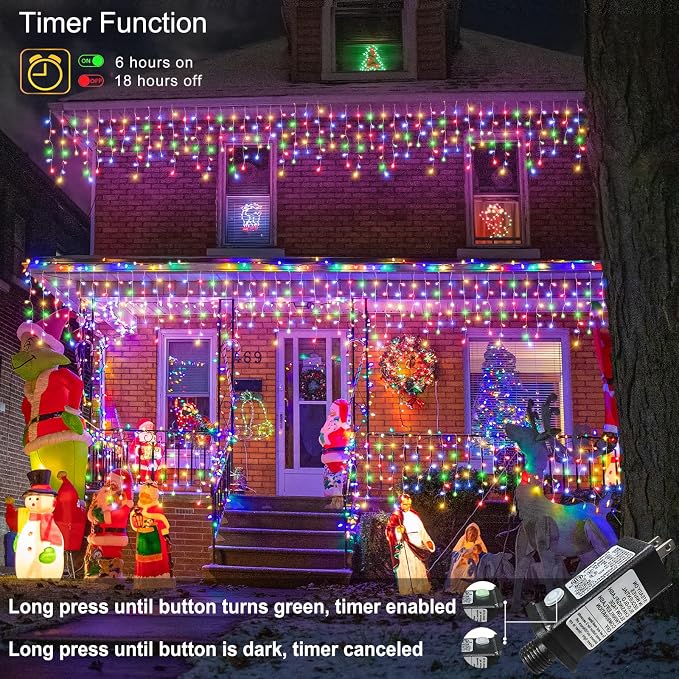 Colored Christmas Lights Outdoor 66ft 640 LED Icicle Lights for Outside | Connectable Clear Wire 8 Modes Timer Plug in Waterproof for House Xmas Yard Tree Eaves Party Holiday Decoration, Multicolor