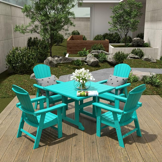 WestinTrends Dylan Adirondack Patio Dining Set for 4, All Weather Poly Lumber Outdoor Table and Chairs Set of 4, 43" Trestle Square Dining Table and Seashell Adirondack Dining Chair, Turquoise
