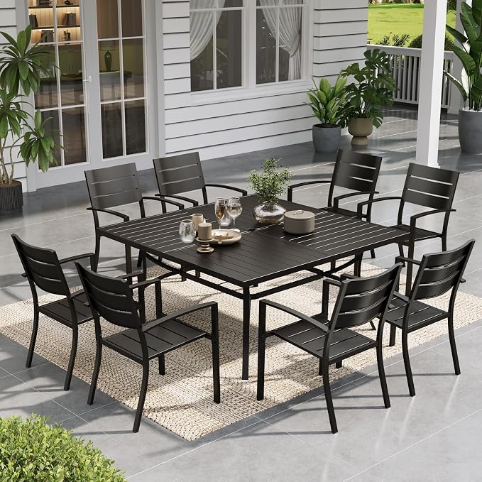 Sophia & William Patio Table and Chairs Set, Outdoor Dining Set for 8, 9 Piece Metal Patio Furniture, 57.5" Black Square Table
