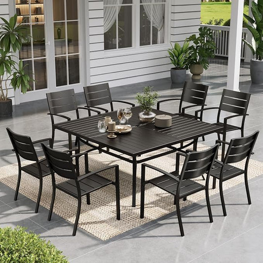 Sophia & William Patio Table and Chairs Set, Outdoor Dining Set for 8, 9 Piece Metal Patio Furniture, 57.5" Black Square Table