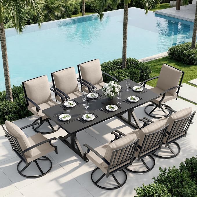 9 Piece Outdoor Dining Set for 8, Metal Patio Table and Chairs with Cushions, Patio Furniture Set with 8 Swivel Chairs, Rectangular Metal Dining Table with Umbrella Hole, Lawn Deck Yard-Sand