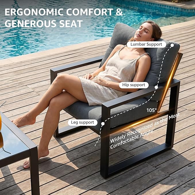 NATURAL EXPRESSIONS 4 Pieces Patio Furniture Sets,Metal Outdoor Patio Furniture Sets,Outdoor Sectional Patio Conversation Set,Wooden Anti-Scald Armrest,Sling Mesh,4" Olefin Cushions Dark Grey
