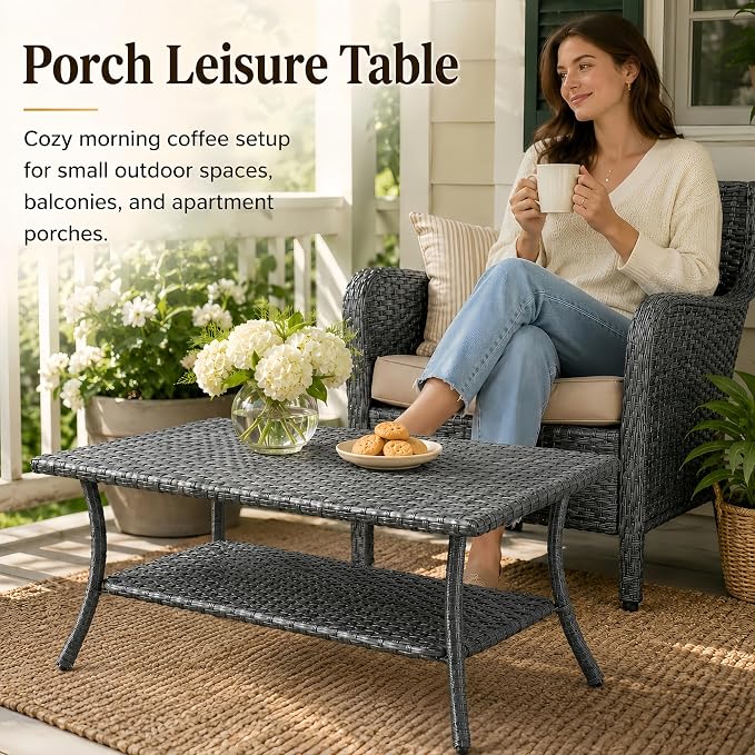 HUMMUH 42-inch 2-Tier Outdoor Patio Coffee Table, Grey PE Rattan Center Table with Powder-Coated Metal Frame for Garden, Backyard, Porch Storage