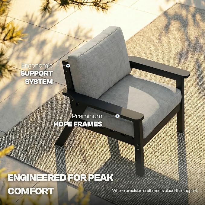8 Piece Patio Furniture Set, HDPE Sectional Sofa Seating for 7, Includes 3-Seat Sofa, Loveseat, 2 Armchairs, Coffee Table, All-Weather Outdoor Conversation Set with Olefin Fabric, Black/Grey