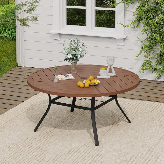 VICLLAX 11 Pieces Round Patio Dining Set, Patio Furniture Set of 10 Patio Stackable Dining Chairs and 63" Outdoor Spliced Tabletop with Umbrella Hole, Brown Chairs and Walnut Table