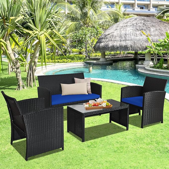 DORTALA 8 Pieces Patio Wicker Conversation Furniture Set, Outdoor Rattan Sofas with Bistro Sets with Coffee Table for Courtyard Balcony Wicker Chairs with Soft Cushion and Table, Navy