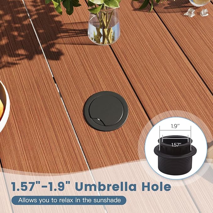 DIFY 9 Pieces Outdoor Dining Set for 8, 63" Walnut Round Metal Table with Umbrella Hole and Brown Textilene Swivel Patio Chairs, Patio Table and Chairs Set for Garden, Backyard, Poolside
