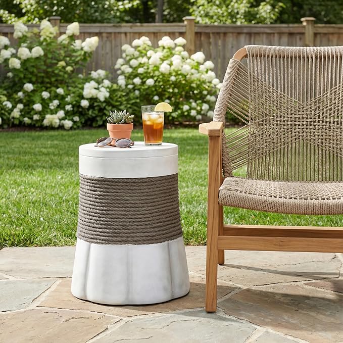 Christopher Knight Home Arford Outdoor Round Side Table, MGO End Table with Woven Rope Texture and Fan-Shaped Base, Decorative Accent Table for Indoor Outdoor Living Spaces, Light Gray and Brown