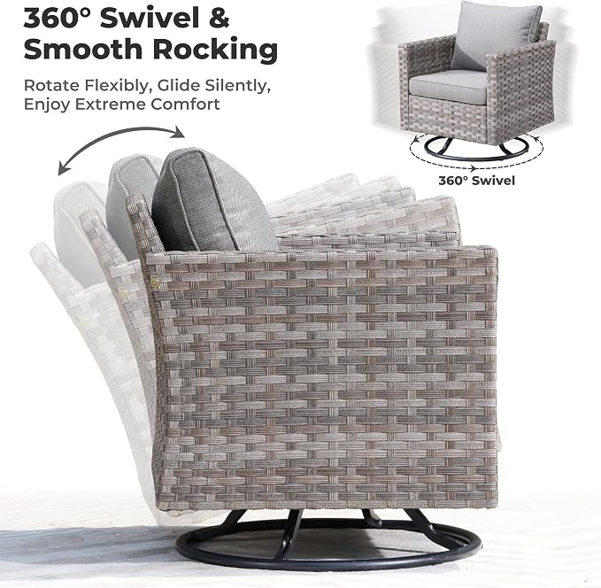 ovios 9 Pieces Patio Furniture Set, Outdoor Wicker Sectional Sofa with 42" Firepit Table Swivel Chair, Modern Modular Deep Seat Rattan Couch Conversation Sets, Dark Grey