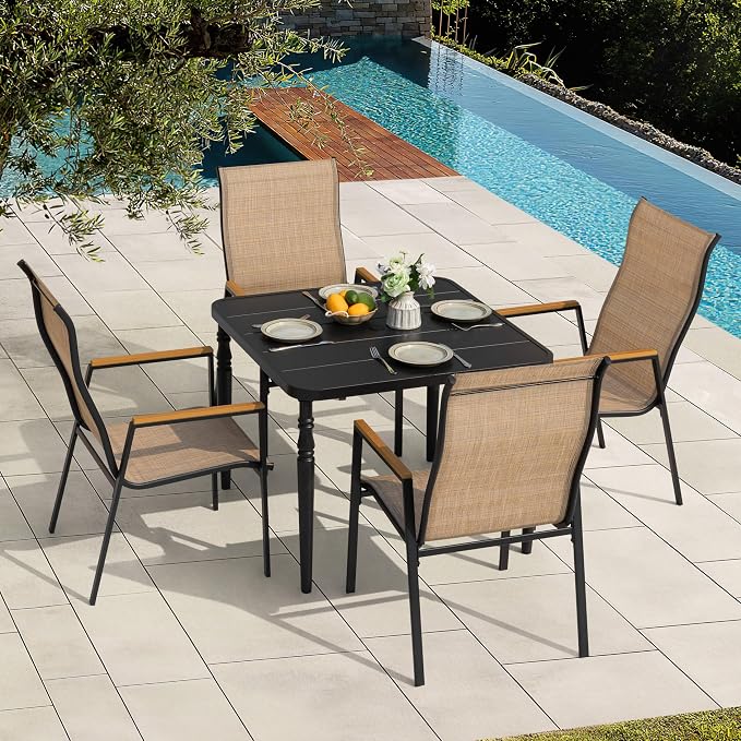 NUU GARDEN 5 Piece Outdoor Patio Dining Set for 4, Square Table with Umbrella Hole and 4 Stackable Textilene Chairs, Outdoor Furniture for Backyard Garden, Black and Khaki