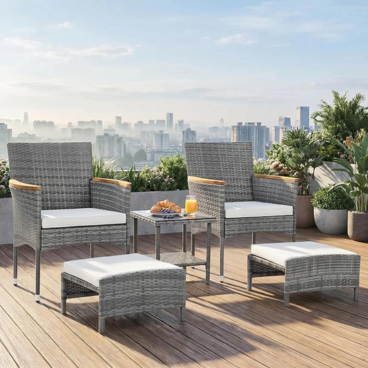 5Pcs Patio Furniture Sets Rattan Patio Chair Set of 5 Outdoor with Coffee Glass Table & Ottoman for Yard Backyard Lawn Porch Poolside Balcony (Grey)