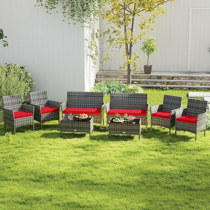 RELAX4LIFE 8-Piece Patio Furniture Set - Rattan Outdoor Conversation Bistro Set w/Cushions, Glass Coffee Table, Wicker Chairs & Loveseat for Garden Backyard Porch, Balcony Furniture (2, Mix Grey-Red)