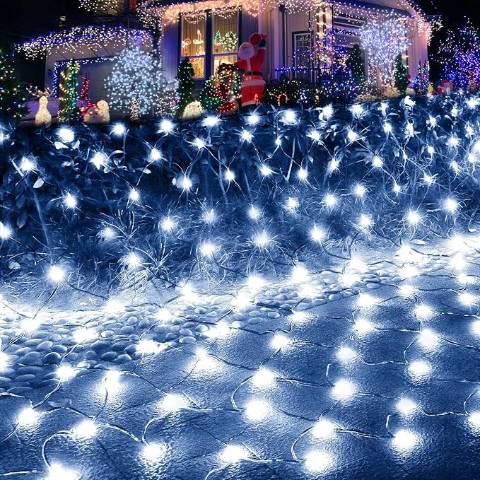 Pooqla Cool White Net Lights, 15x 5ft Christmas Lights Outdoor Green Wire | 300 LED Large Net Mesh Lights Plug in, 8 Modes Waterproof Connectable Bushes Lights for Christmas Hedge Yard Decor