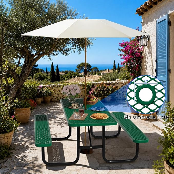 6FT Rectangular Steel Outdoor Picnic Table, Commercial Picnic Table Bench Set with Umbrella Hole, Weather-Resistant Heavy Duty School Dining Table for Stores, Park, Patio, Garden, Backyard, Green