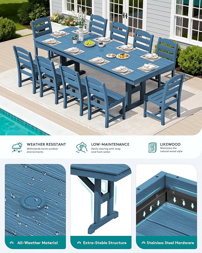 SERWALL 10 Piece Outdoor Dining Set with 15ft Triple-Head Foldable Umbrella(Based not Included), 84" HDPE Outdoor Table and Armless Chairs Set for 8, Blue