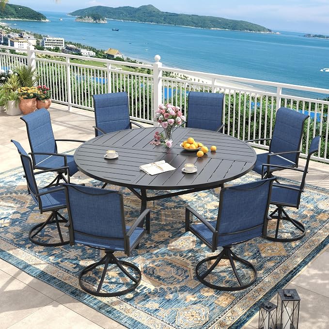 Outdoor Dining Set for 8, 63.1" Outdoor Dining Table with Umbrella Hole and Padded Textilene Patio Swivel Chairs, 9 Pieces Patio Table and Chairs Set for Garden Backyard, Dark Blue and Black