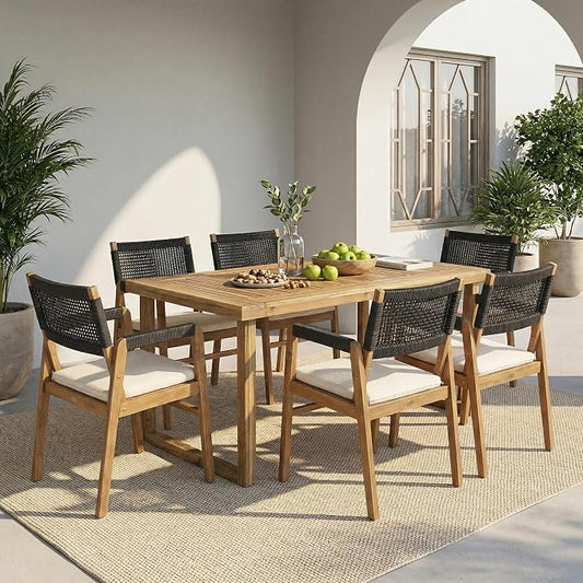 Christopher Knight Home Terry Acacia Wood Patio Dining Set for 6, Solid Wood Outdoor Dining Table Set for 6, 7 Piece Outdoor Dining Set with Rectangular Table and Woven Rope Accents, Teak+Beige+Black