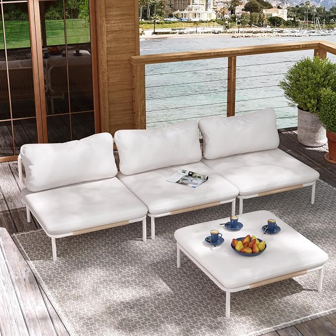 Patio Furniture Set, Outdoor Patio Furniture Oversized Metal Single Sofa, 4-seat Conversation Set with Cushion for Indoor and Outdoor, White Frame and Beige Mat, （4Seats 4 Armrests）