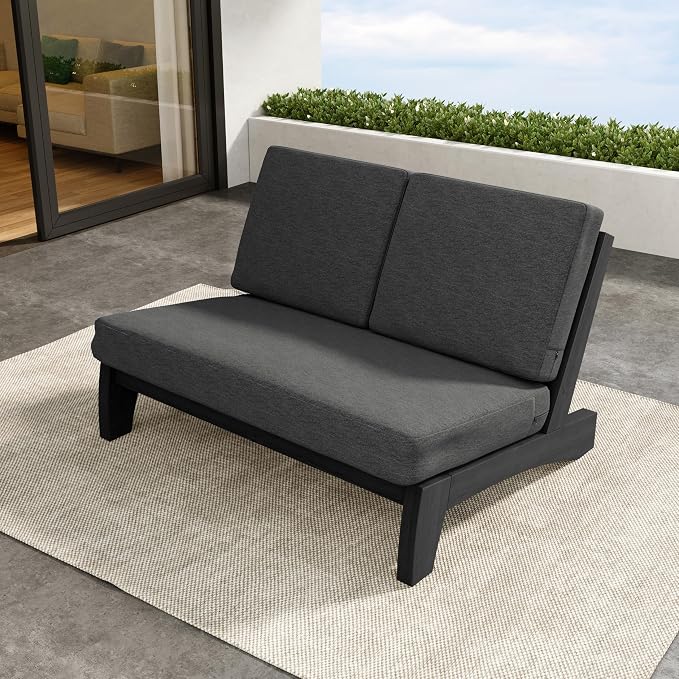 Outdoor Furniture Patio Couch, Weather Resistant Patio Loveseat Sofa Couch with Removable Cushion & Pillows, Black Wood Frame for Porch & Backyard Seating - Dark Gray