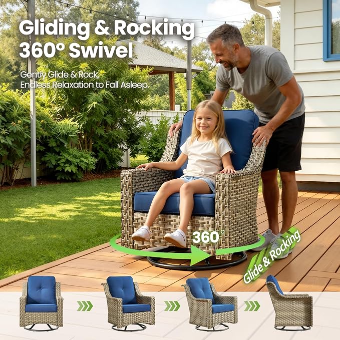 6 Piece Patio Furniture Set with Fire Pit Table, Conversation Sets with High Back Swivel Rocker Chairs, Outdoor Wicker Sofa Loveseat with Comfy Cushion for Backyard Deck Garden, Navy Blue