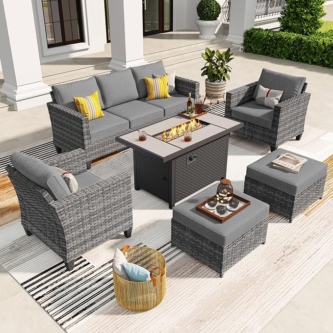 ovios 6 Pieces Patio Furniture Set with Fire Pit Table, Outdoor Wicker 3-Seat Sofa with Comfy Cushion, High Back Rattan Conversation Set for Deck Porch, Dark Grey