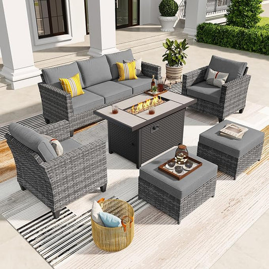 ovios 6 Pieces Patio Furniture Set with Fire Pit Table, Outdoor Wicker 3-Seat Sofa with Comfy Cushion, High Back Rattan Conversation Set for Deck Porch, Dark Grey